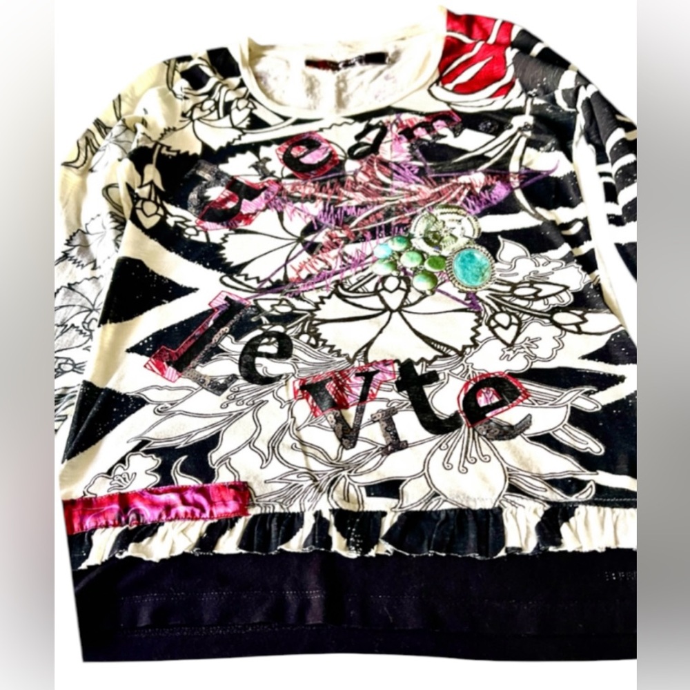 Desigual Long Sleeve Graphic Top — White, Black, Pink, Green, Turquoise - Picture 15 of 15